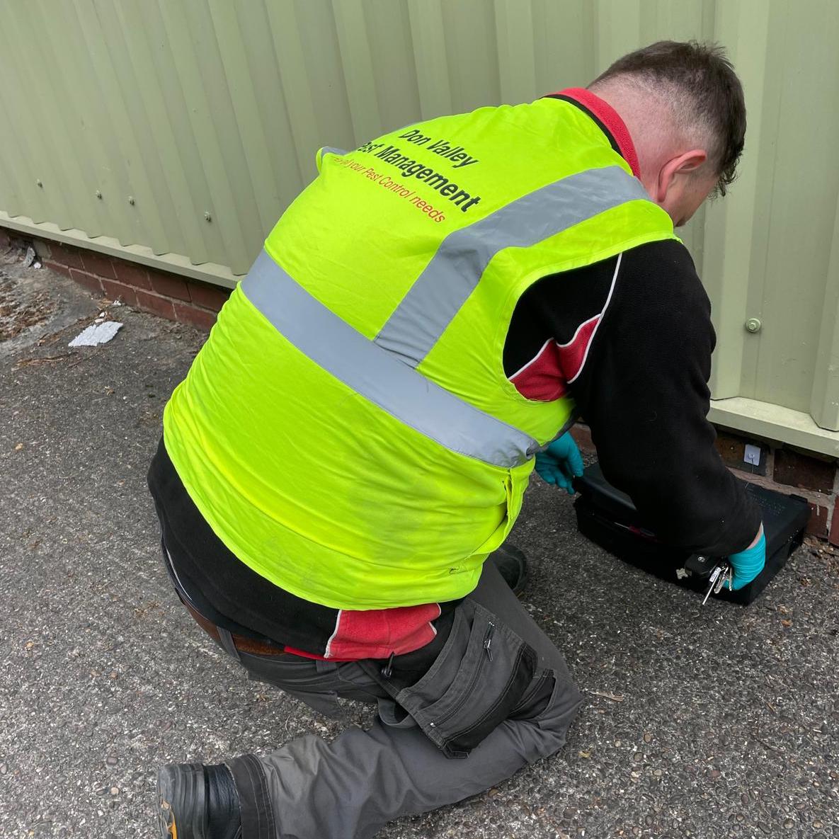 Pest controller in Don Valley branded high-vis vest attaching a pest trap to the side of a warehouse building.